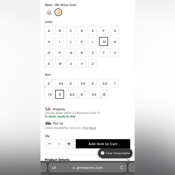 James Avery 14KT Yellow Gold Script Initial Ring - Size 8 - Picture 3 of 4